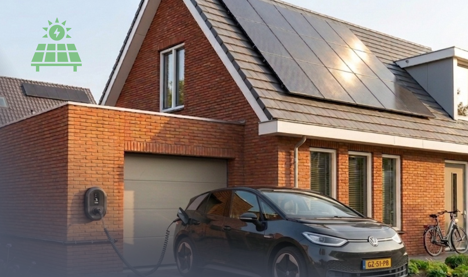Elektrische auto wordt thuis opgeladen met zonnepanelen op het dak